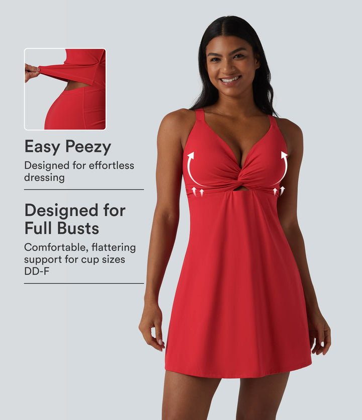 Plush Push-Up Twisted Adjustable Straps Non-Removable Pad Dance Active Dress DD-F Cups with Pockets — Tomato — view 1