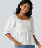 Square Neck Puff Half Sleeve Shirred Casual Babydoll Blouse — White — view 6