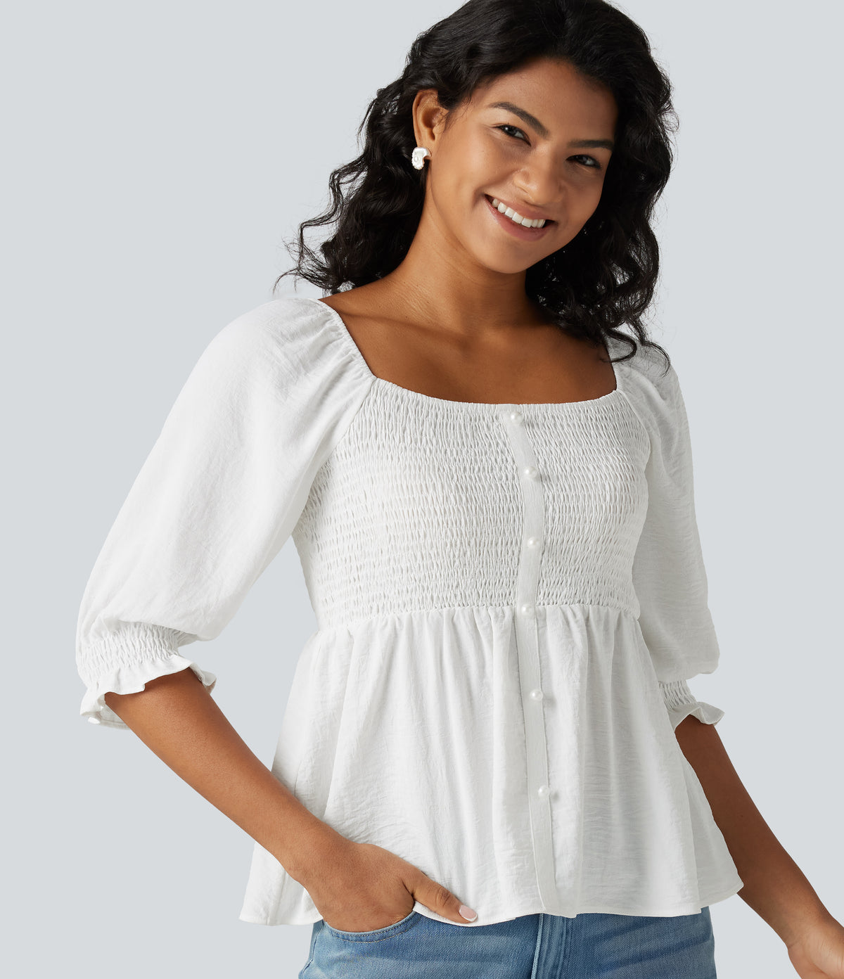 Square Neck Puff Half Sleeve Shirred Casual Babydoll Blouse — White — view 6