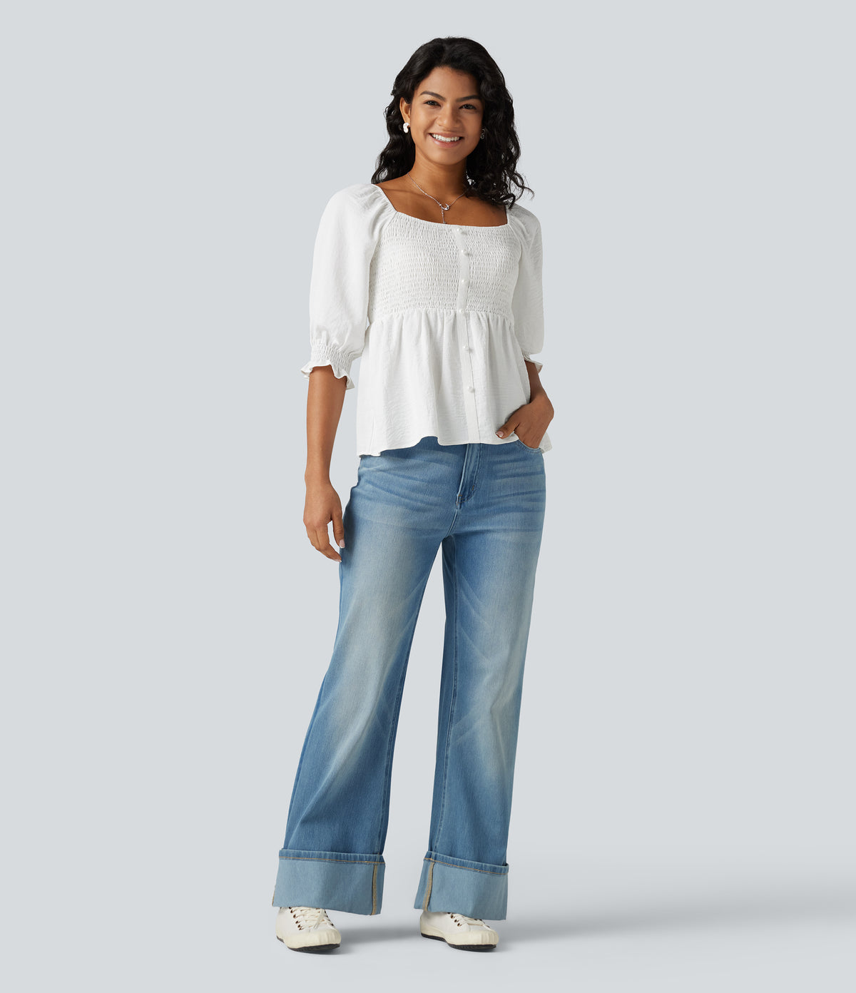 Square Neck Puff Half Sleeve Shirred Casual Babydoll Blouse — White — view 7
