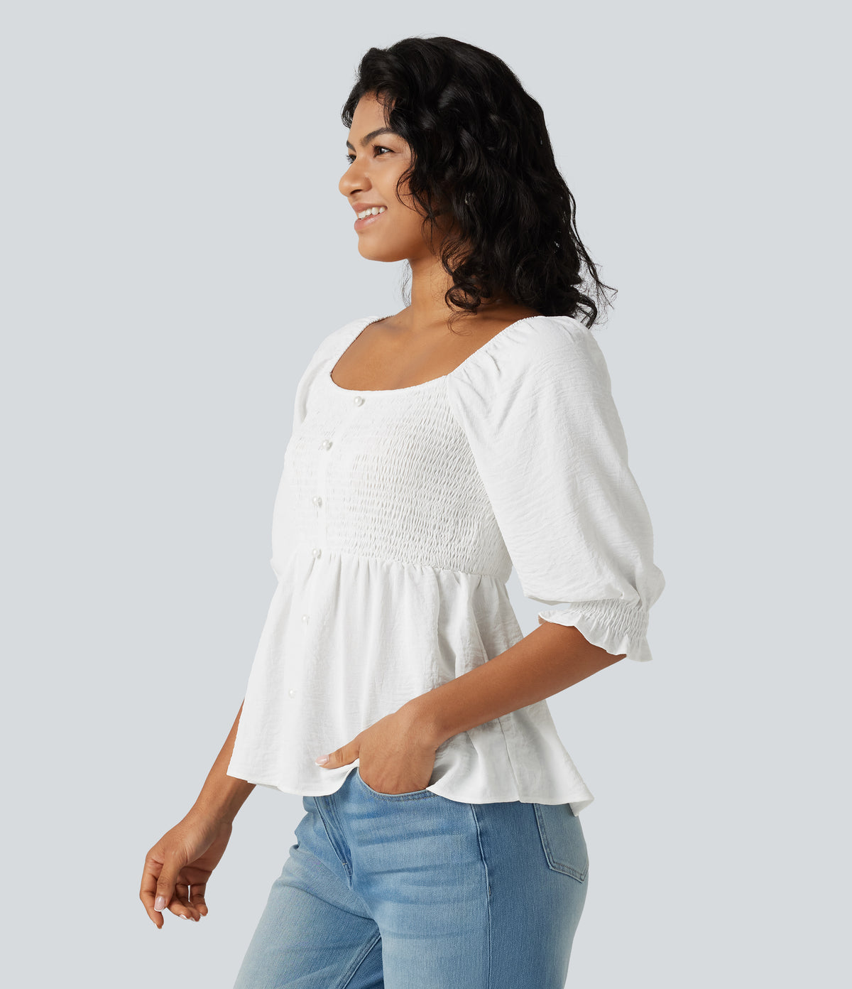 Square Neck Puff Half Sleeve Shirred Casual Babydoll Blouse — White — view 3