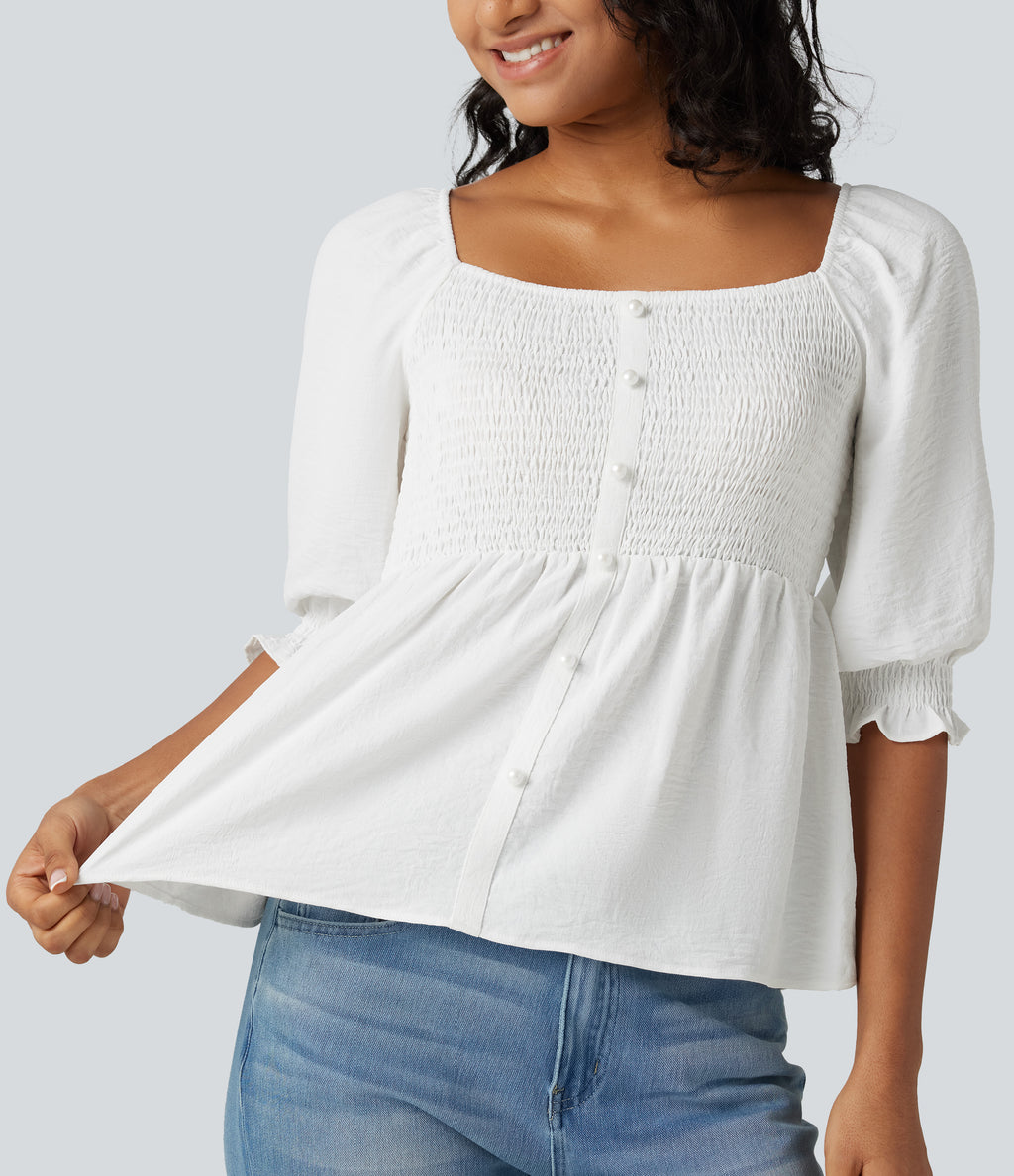 Square Neck Puff Half Sleeve Shirred Casual Babydoll Blouse — White — view 4