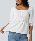 Square Neck Puff Half Sleeve Shirred Casual Babydoll Blouse — White — view 4