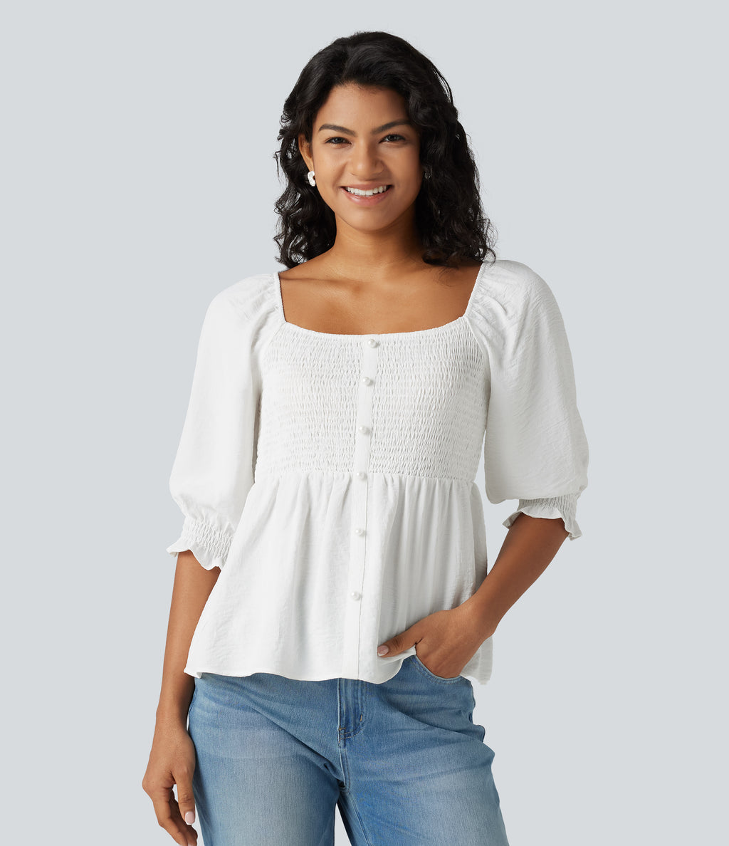 Square Neck Puff Half Sleeve Shirred Casual Babydoll Blouse — White — view 1