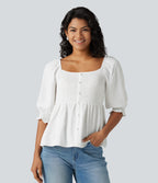 Square Neck Puff Half Sleeve Shirred Casual Babydoll Blouse — White — view 1