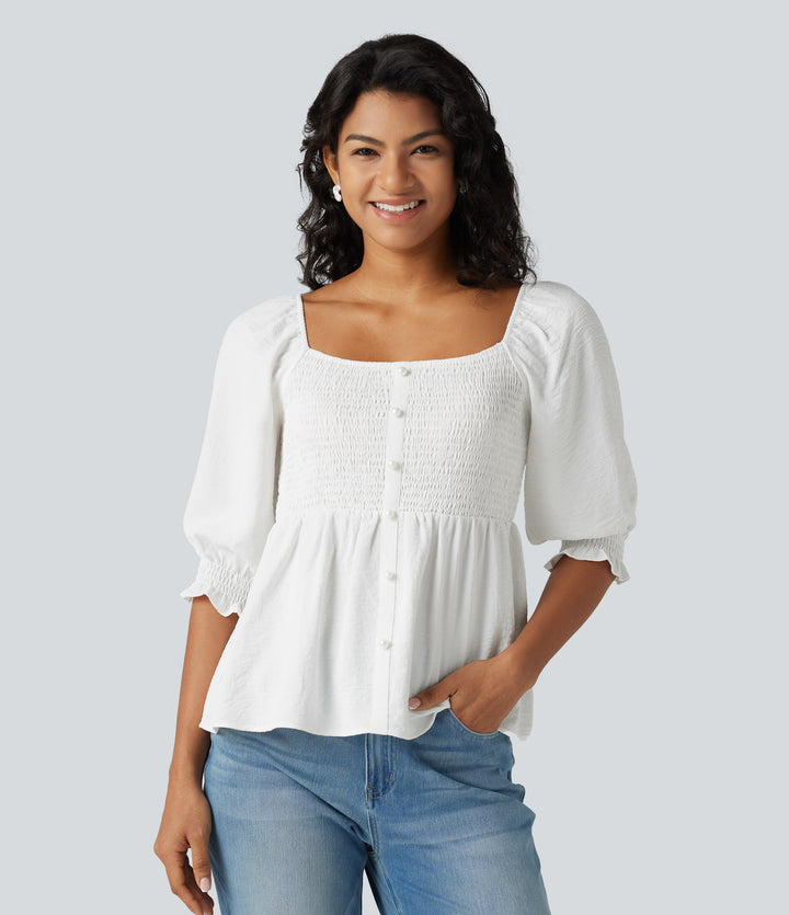 Square Neck Puff Half Sleeve Shirred Casual Babydoll Blouse — White — view 1