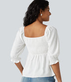 Square Neck Puff Half Sleeve Shirred Casual Babydoll Blouse — White — view 5
