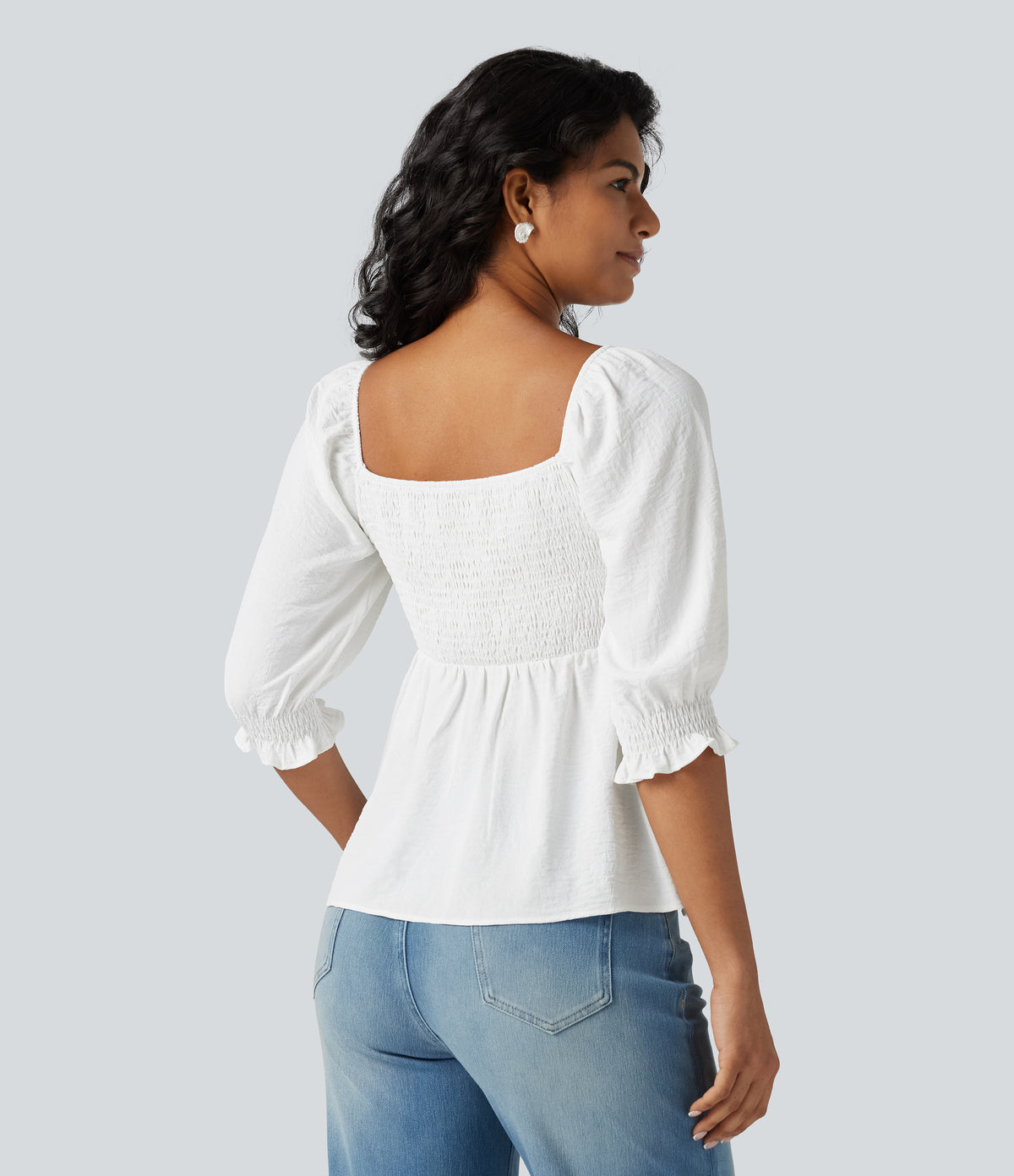 Square Neck Puff Half Sleeve Shirred Casual Babydoll Blouse — White — view 2