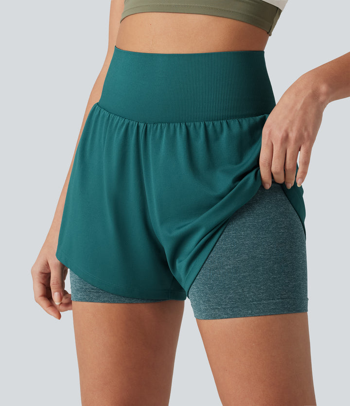 OneForm Seamless Flow High Waisted 2-in-1 Running Shorts 4'' with Pocket — Turquoise Green — view 1