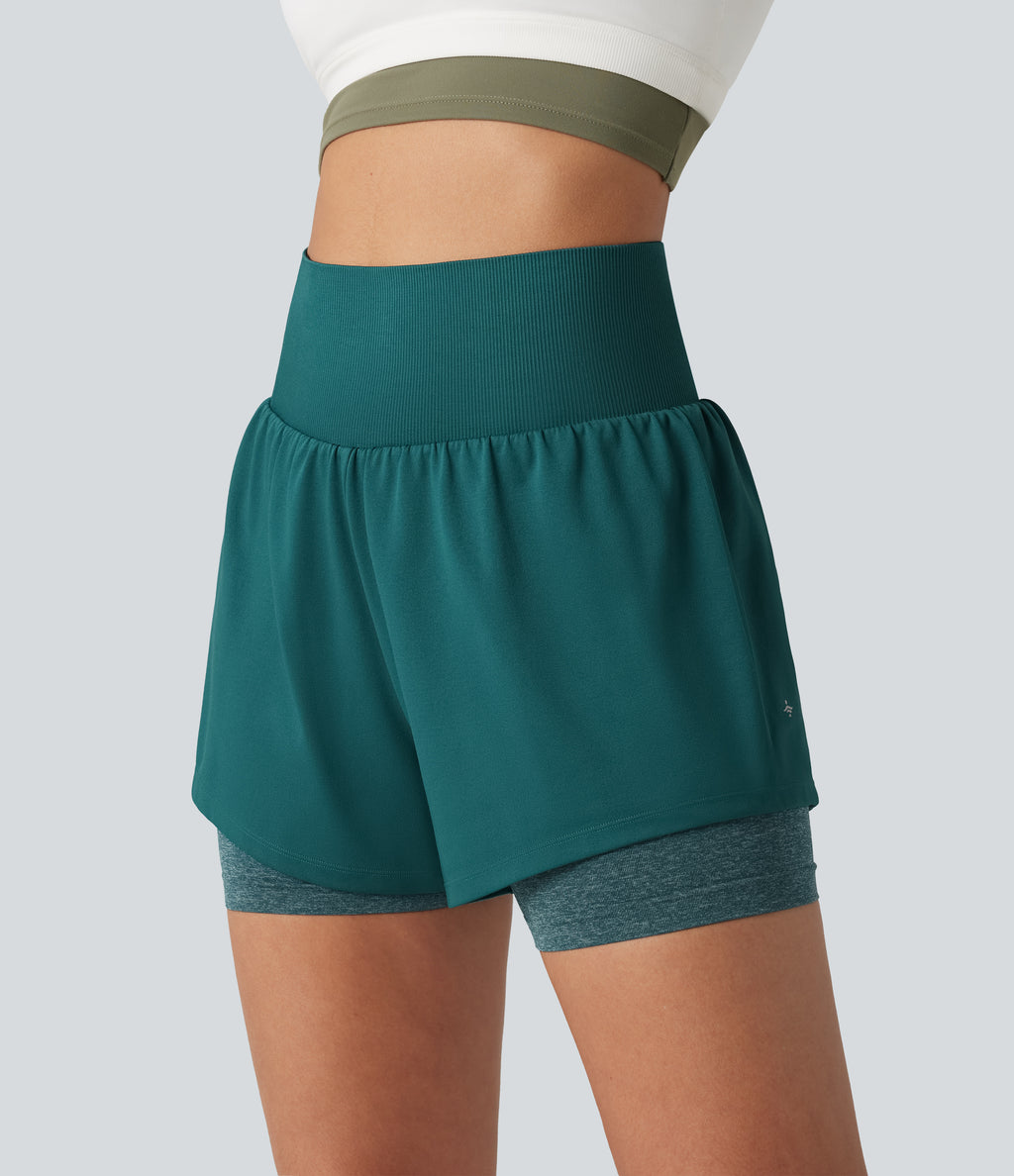 OneForm Seamless Flow High Waisted 2-in-1 Running Shorts 4'' with Pocket — Turquoise Green — view 7