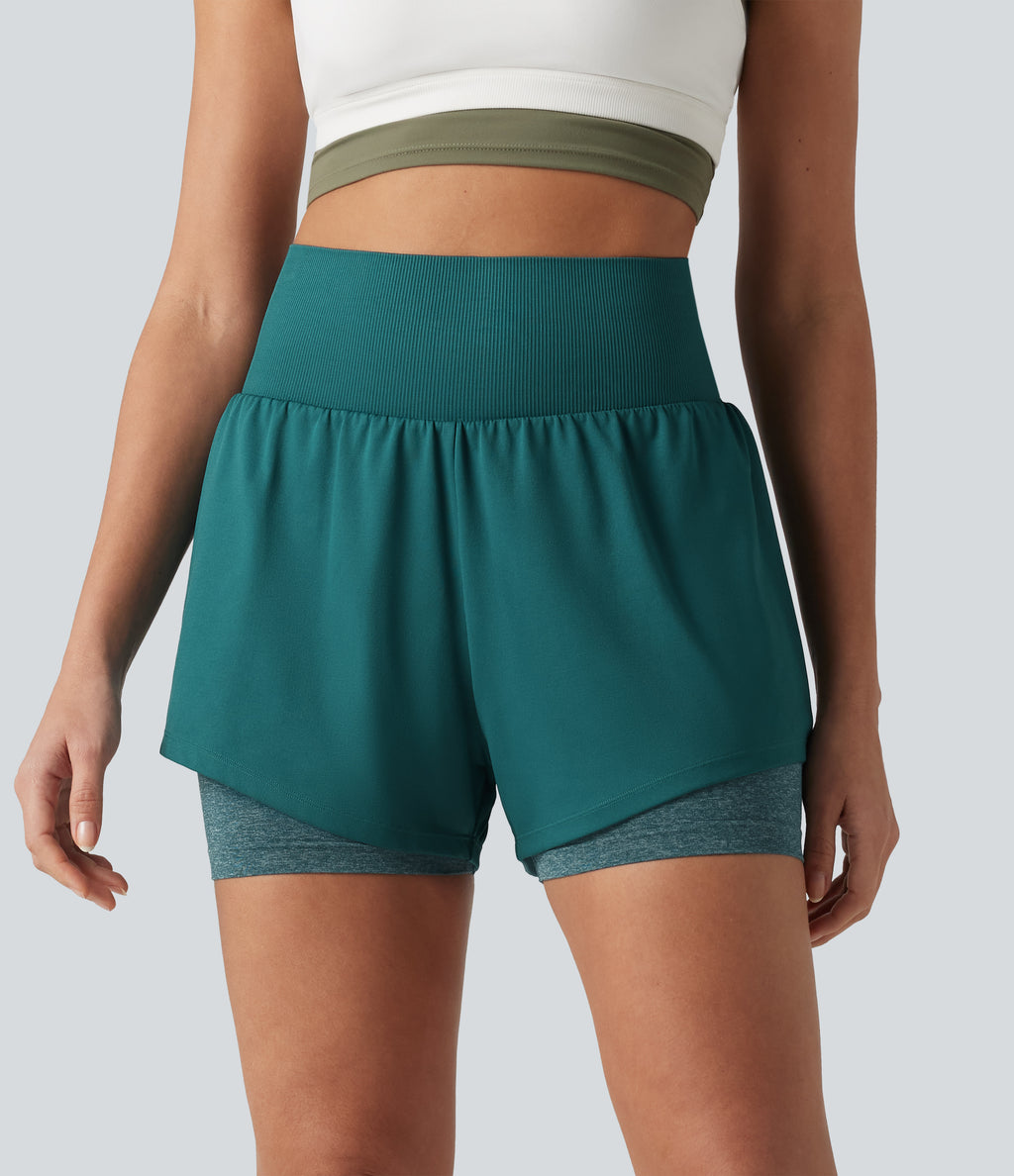 OneForm Seamless Flow High Waisted 2-in-1 Running Shorts 4'' with Pocket — Turquoise Green — view 2