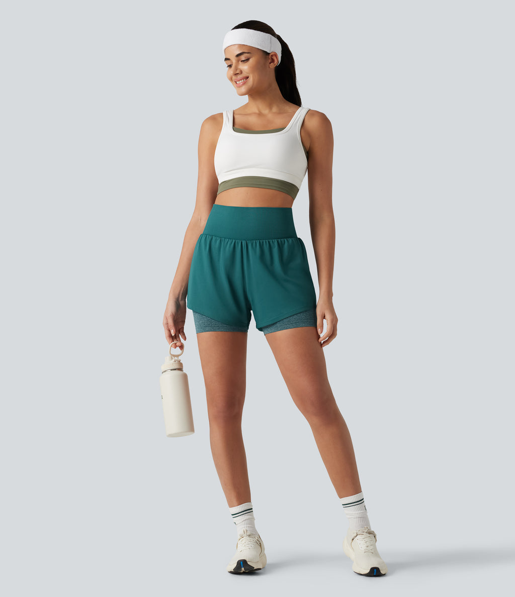 OneForm Seamless Flow High Waisted 2-in-1 Running Shorts 4'' with Pocket — Turquoise Green — view 8