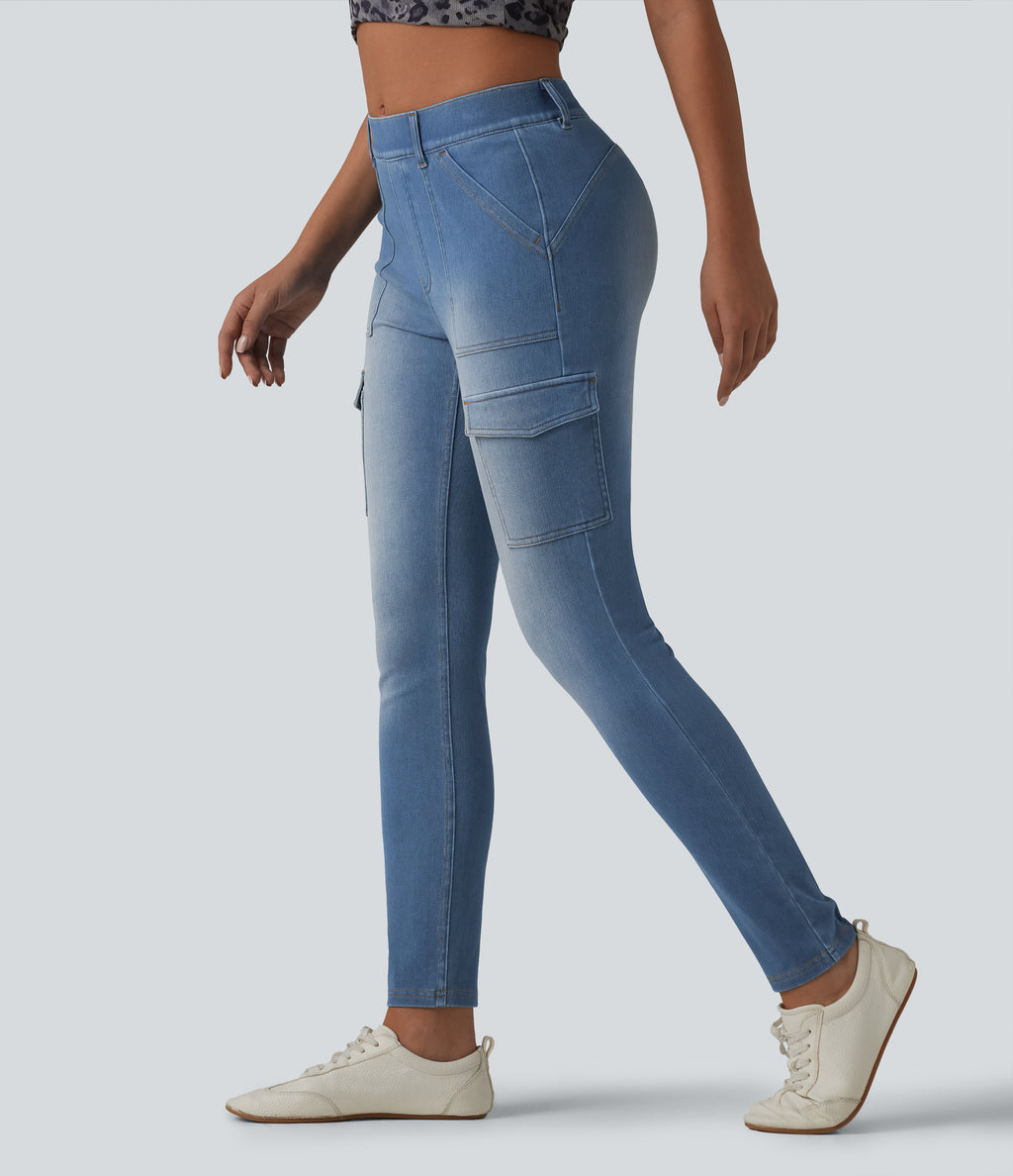 Mid Rise Skinny Casual Cargo Jeans with Pockets — Vallarta Blue Denim — view 1