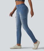 Mid Rise Skinny Casual Cargo Jeans with Pockets — Vallarta Blue Denim — view 1