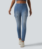 Mid Rise Skinny Casual Cargo Jeans with Pockets — Vallarta Blue Denim — view 3