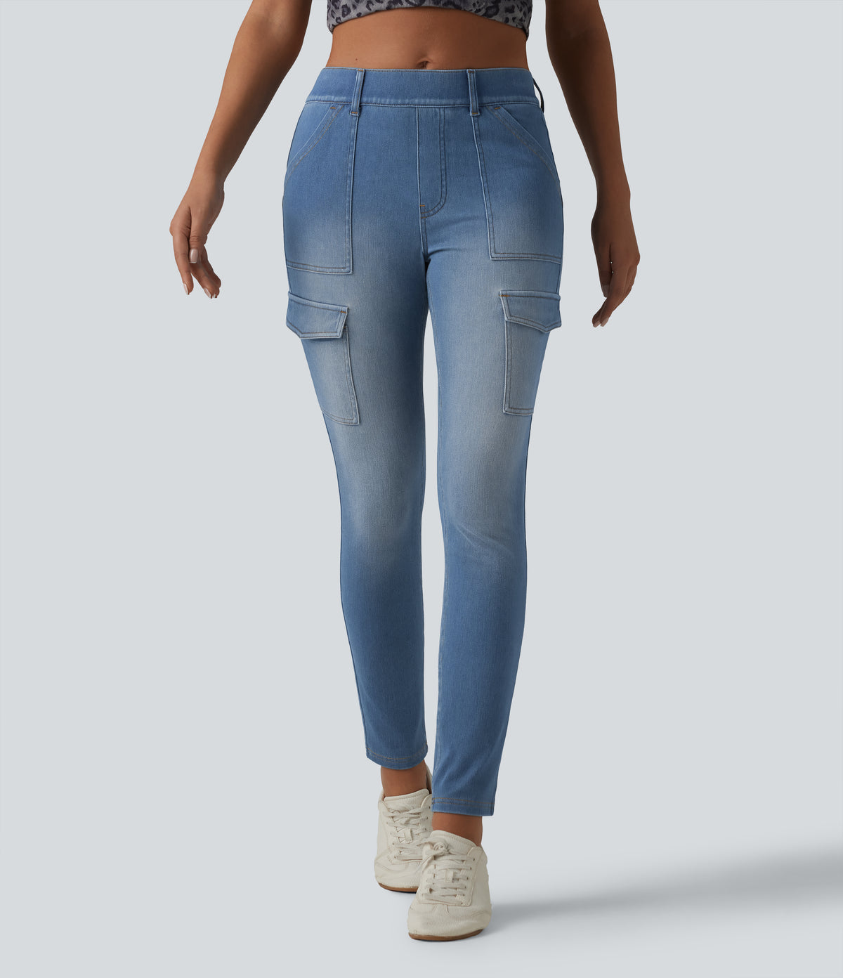 Mid Rise Skinny Casual Cargo Jeans with Pockets — Vallarta Blue Denim — view 3