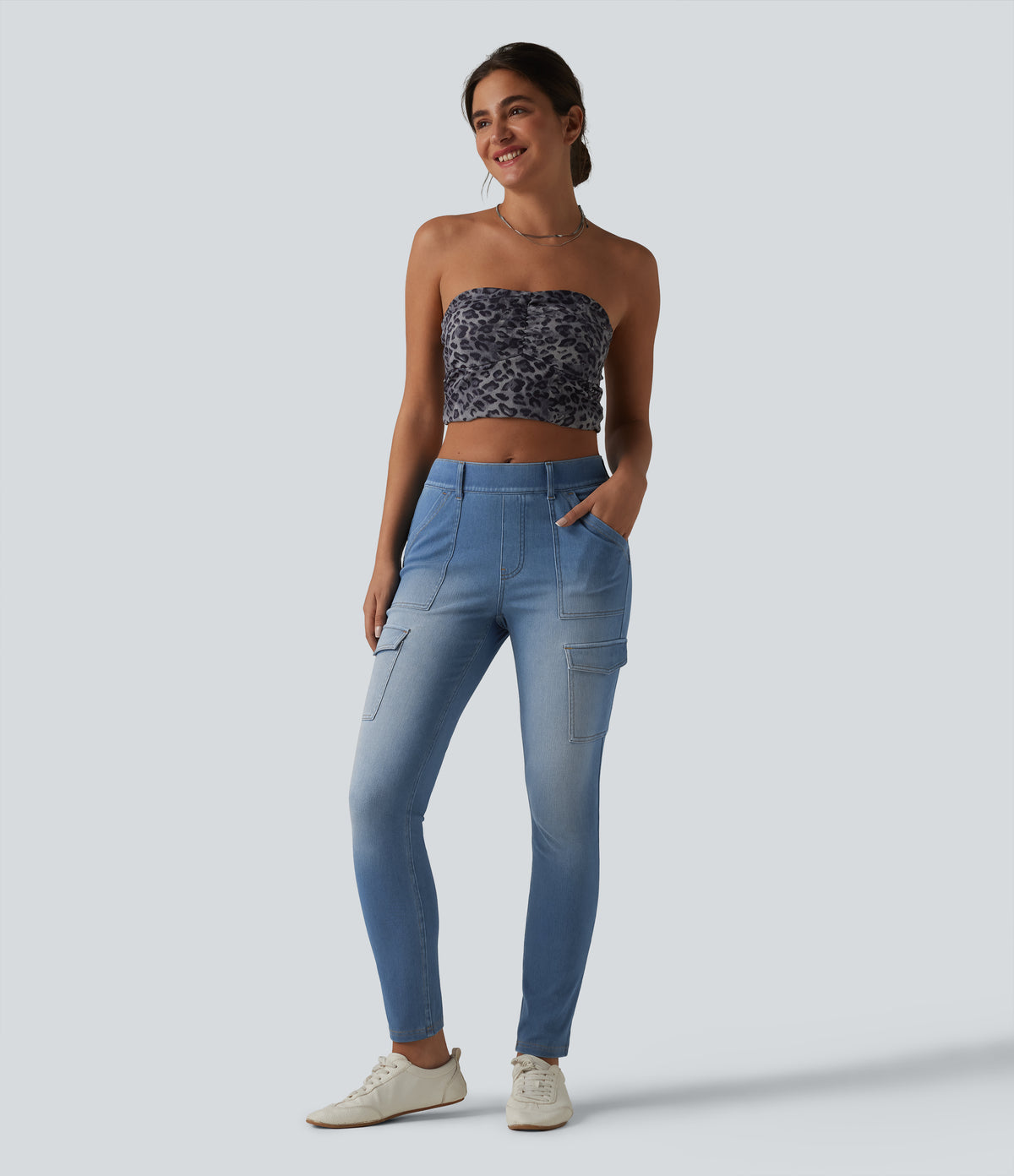 Mid Rise Skinny Casual Cargo Jeans with Pockets — Vallarta Blue Denim — view 6