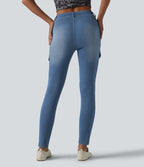Mid Rise Skinny Casual Cargo Jeans with Pockets — Vallarta Blue Denim — view 2