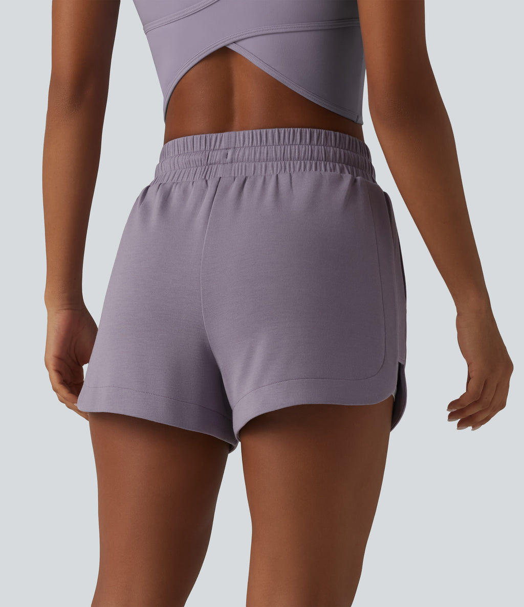 SpacerTek Mid Rise Drawstring Curved Hem 2-in-1 Workout Baggy Sweat Shorts with Pockets — Purple Ash — view 2