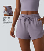 SpacerTek Mid Rise Drawstring Curved Hem 2-in-1 Workout Baggy Sweat Shorts with Pockets — Purple Ash — view 1