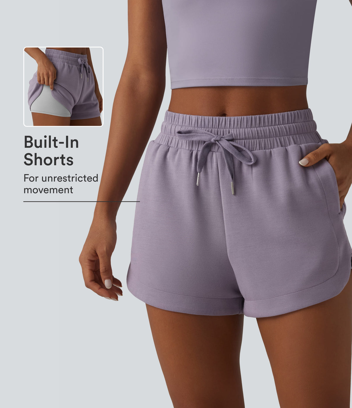 SpacerTek Mid Rise Drawstring Curved Hem 2-in-1 Workout Baggy Sweat Shorts with Pockets — Purple Ash — view 1