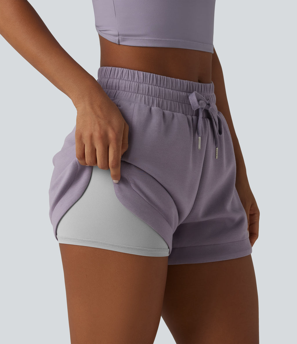 SpacerTek Mid Rise Drawstring Curved Hem 2-in-1 Workout Baggy Sweat Shorts with Pockets — Purple Ash — view 4