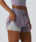 SpacerTek Mid Rise Drawstring Curved Hem 2-in-1 Workout Baggy Sweat Shorts with Pockets — Purple Ash — view 4