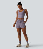 SpacerTek Mid Rise Drawstring Curved Hem 2-in-1 Workout Baggy Sweat Shorts with Pockets — Purple Ash — view 7