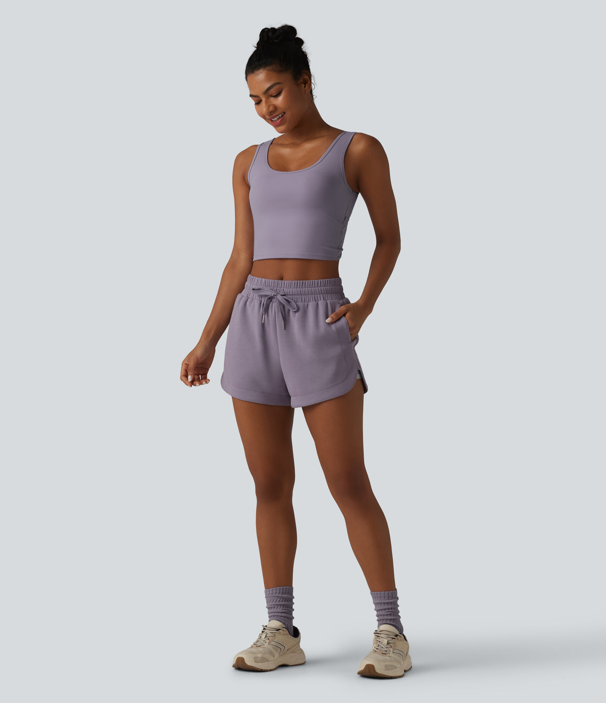 SpacerTek Mid Rise Drawstring Curved Hem 2-in-1 Workout Baggy Sweat Shorts with Pockets — Purple Ash — view 7