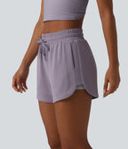 SpacerTek Mid Rise Drawstring Curved Hem 2-in-1 Workout Baggy Sweat Shorts with Pockets — Purple Ash — view 3