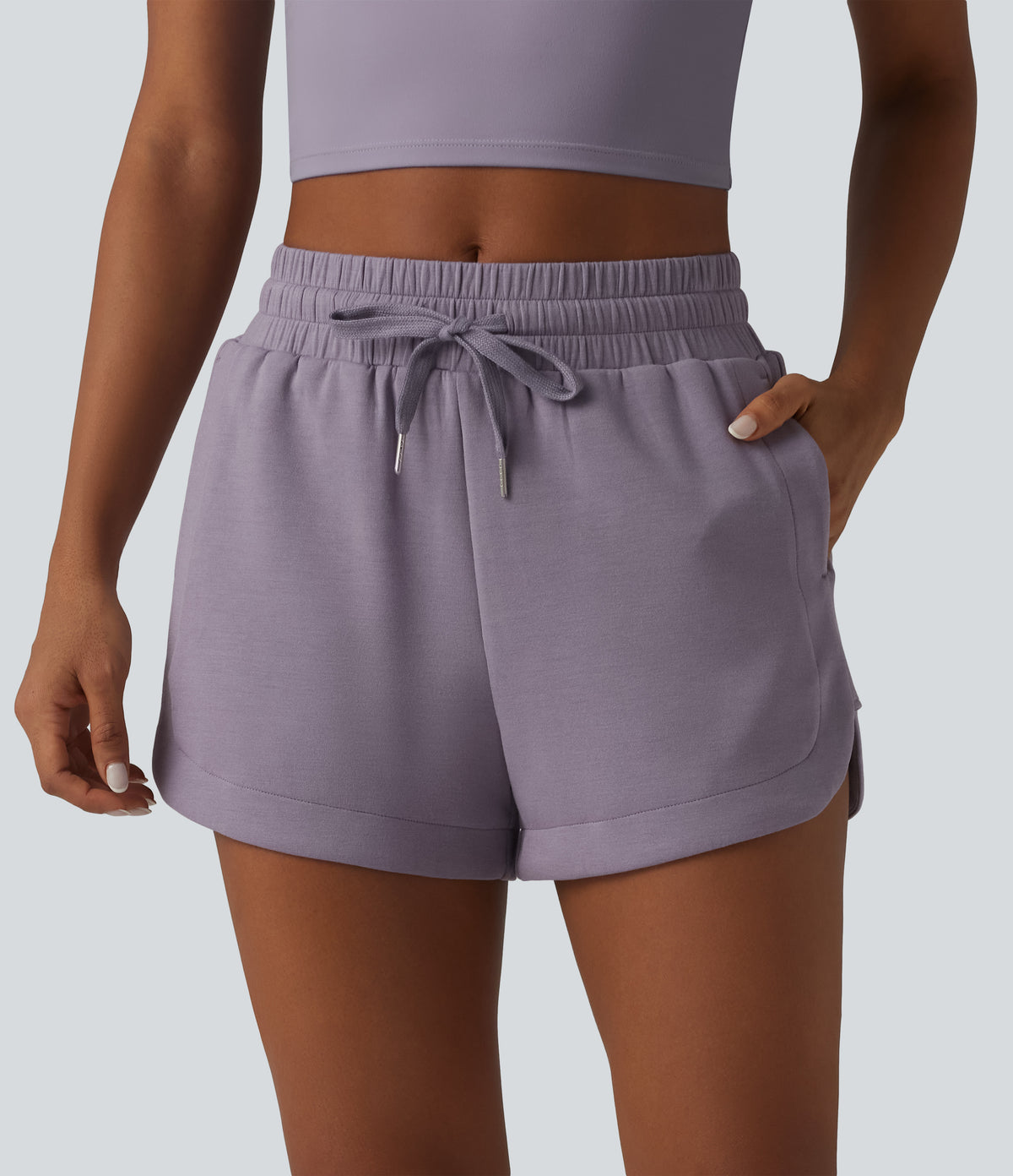 SpacerTek Mid Rise Drawstring Curved Hem 2-in-1 Workout Baggy Sweat Shorts with Pockets — Purple Ash — view 5