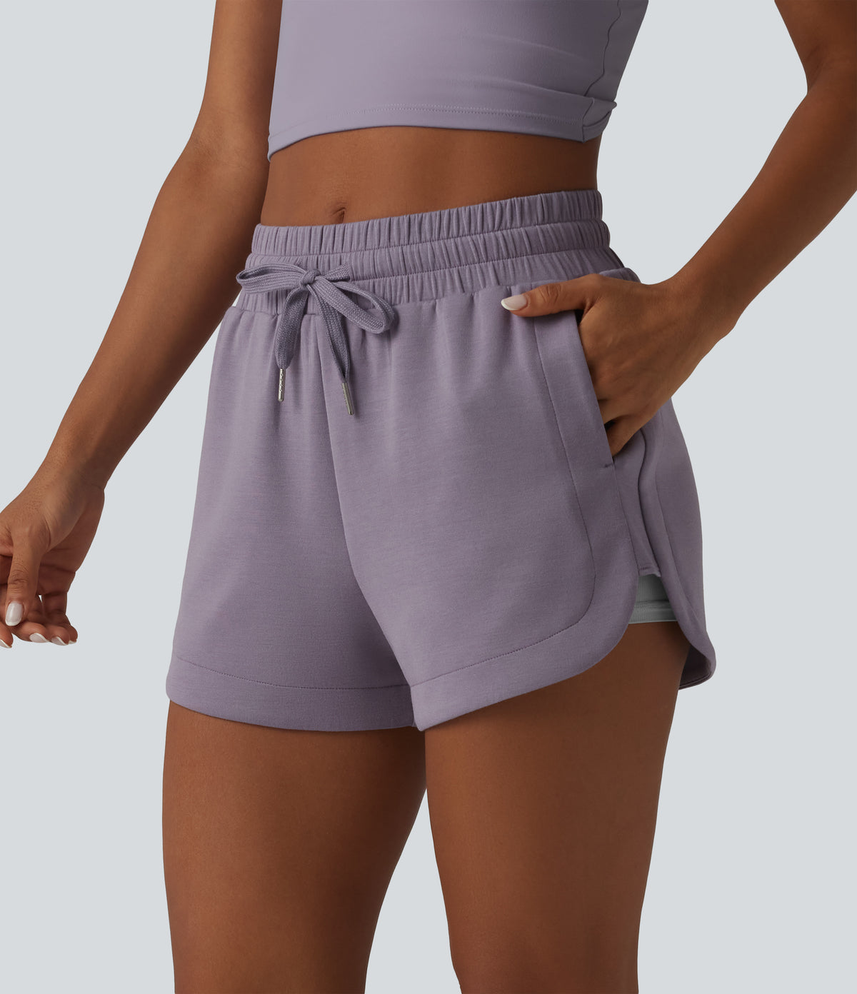 SpacerTek Mid Rise Drawstring Curved Hem 2-in-1 Workout Baggy Sweat Shorts with Pockets — Purple Ash — view 6