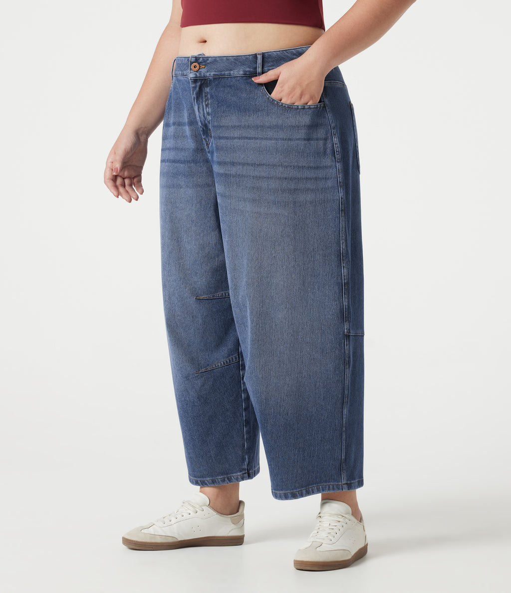 Low Rise Barrel Leg Casual Plus Size Jeans with Pockets — Mist Blue Denim — view 3