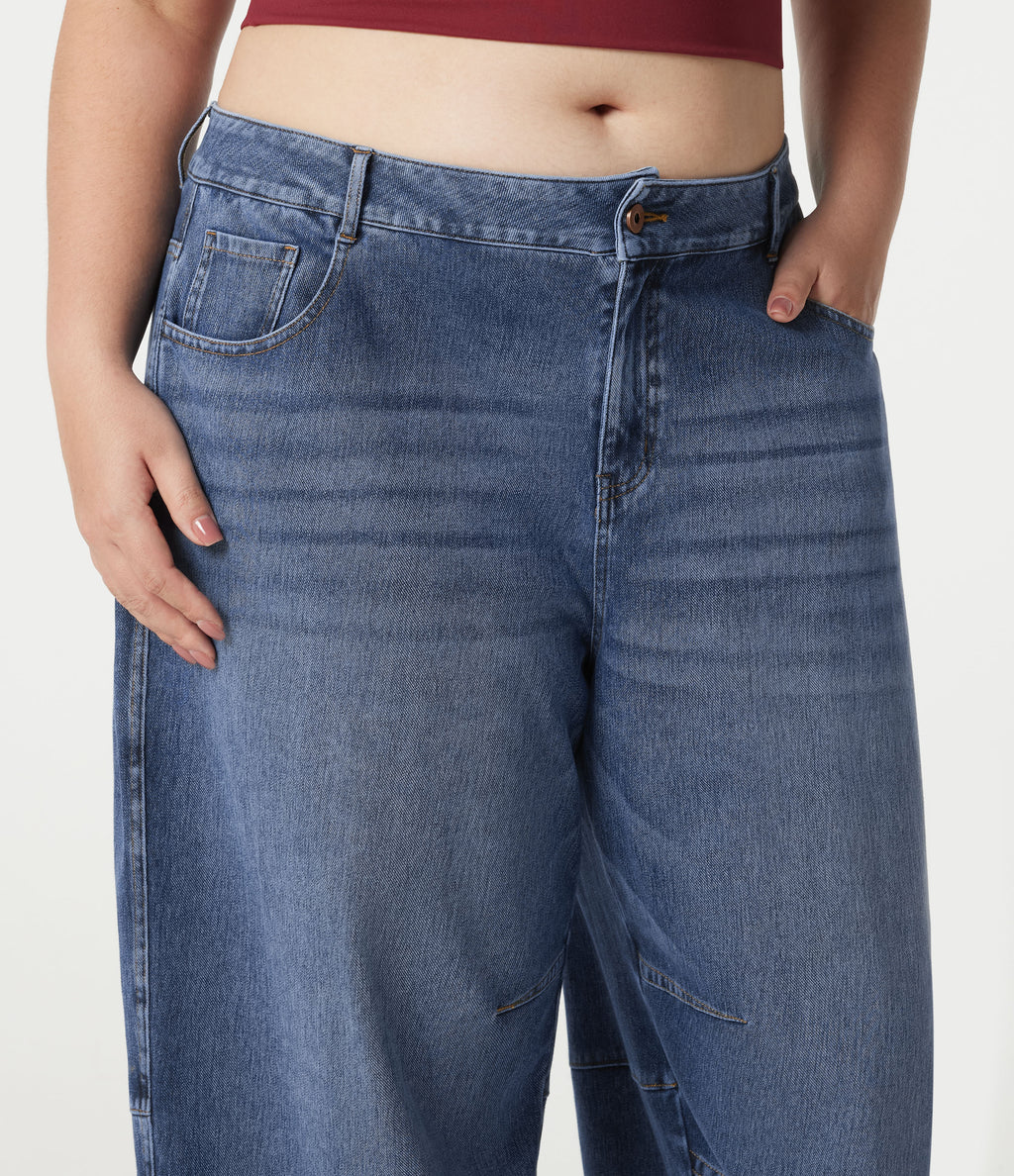 Low Rise Barrel Leg Casual Plus Size Jeans with Pockets — Mist Blue Denim — view 5