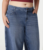Low Rise Barrel Leg Casual Plus Size Jeans with Pockets — Mist Blue Denim — view 5