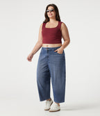 Low Rise Barrel Leg Casual Plus Size Jeans with Pockets — Mist Blue Denim — view 8