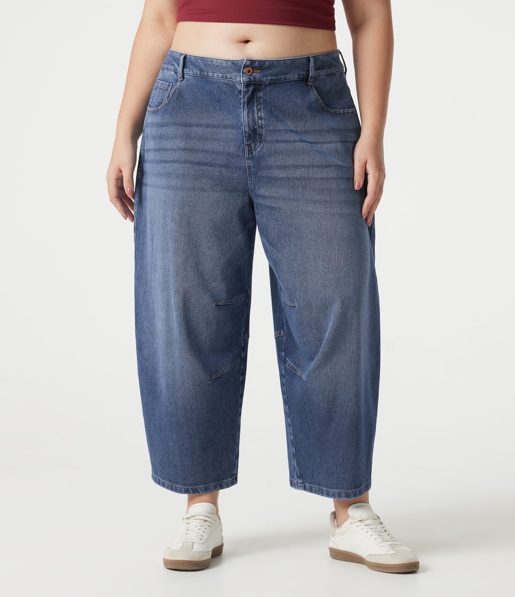 Low Rise Barrel Leg Casual Plus Size Jeans with Pockets — Mist Blue Denim — view 1