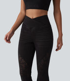 High Waisted Tummy Control Crossover Contrast Lace Flare Casual Jeans with Pockets — Phantom Denim — view 4
