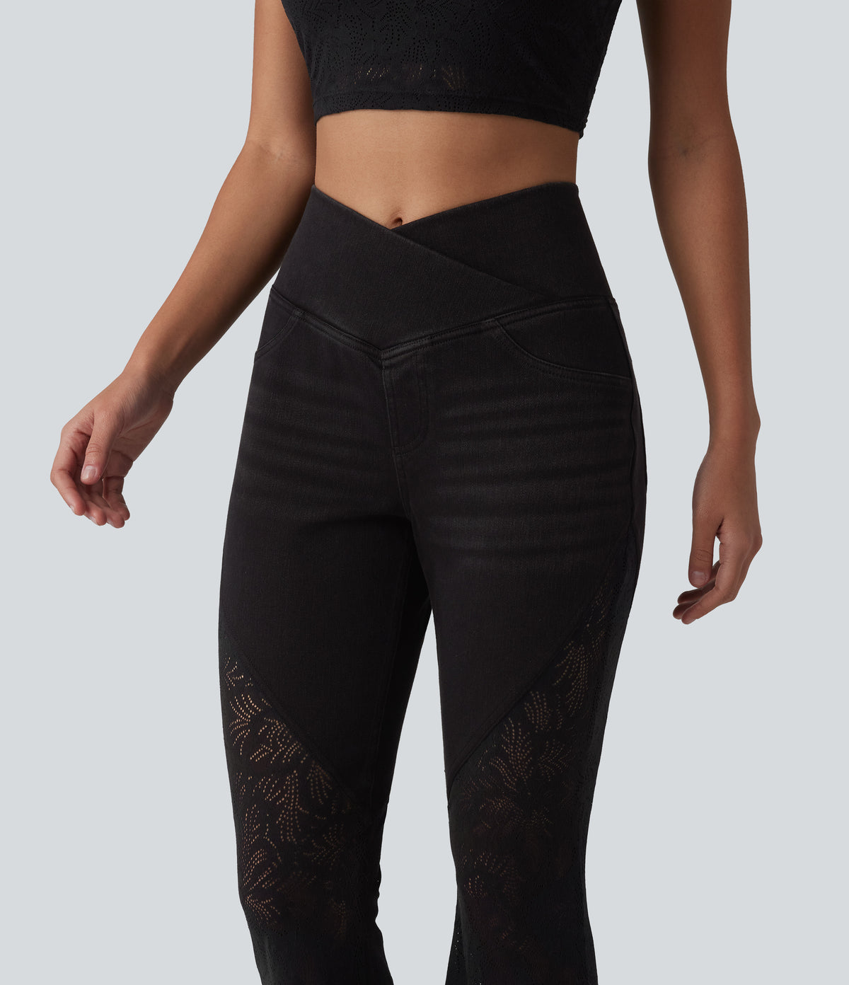 High Waisted Tummy Control Crossover Contrast Lace Flare Casual Jeans with Pockets — Phantom Denim — view 4