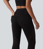 High Waisted Tummy Control Crossover Contrast Lace Flare Casual Jeans with Pockets — Phantom Denim — view 5