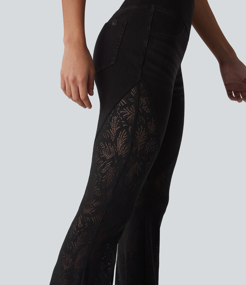 High Waisted Tummy Control Crossover Contrast Lace Flare Casual Jeans with Pockets — Phantom Denim — view 6