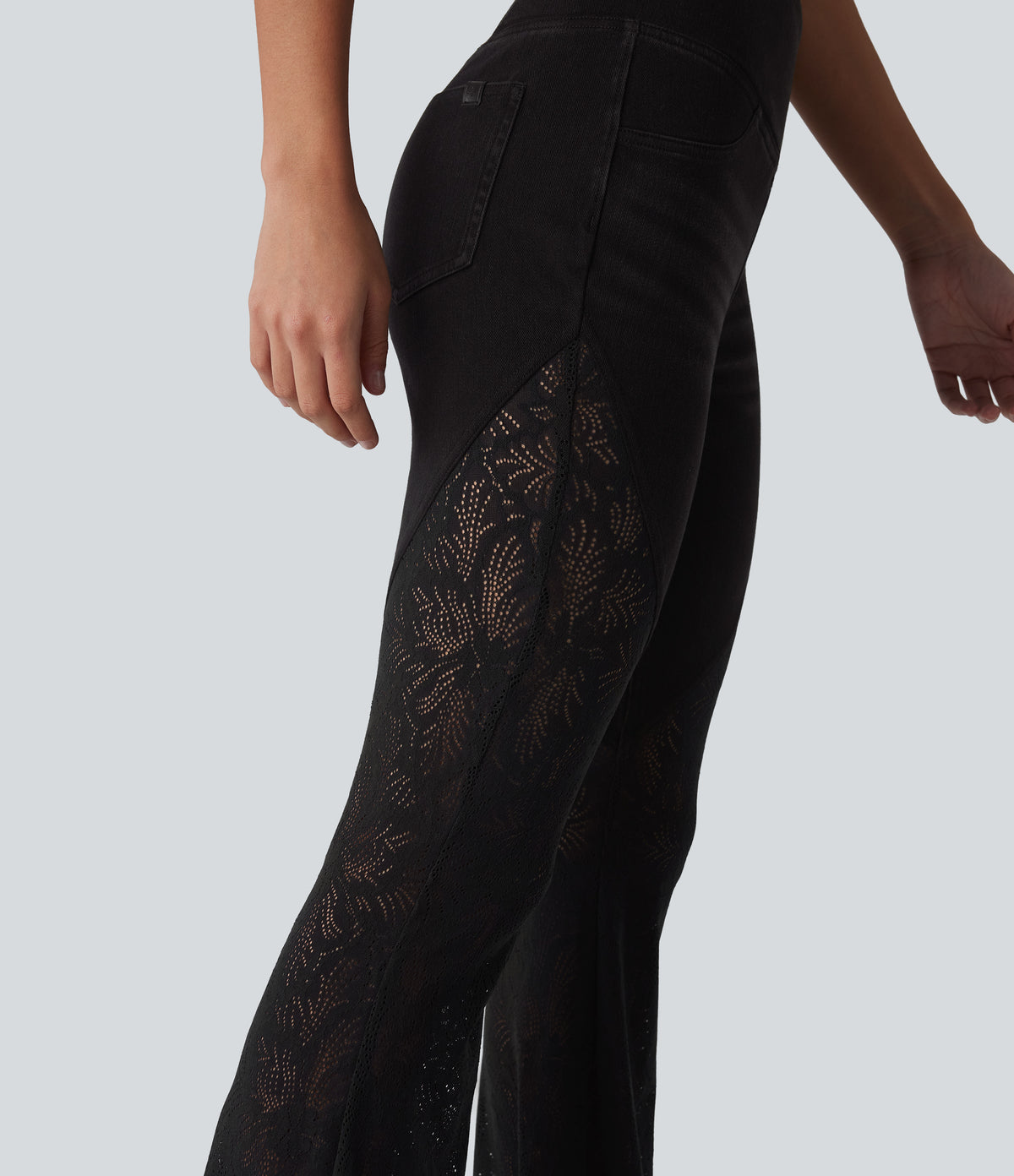 High Waisted Tummy Control Crossover Contrast Lace Flare Casual Jeans with Pockets — Phantom Denim — view 6