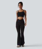High Waisted Tummy Control Crossover Contrast Lace Flare Casual Jeans with Pockets — Phantom Denim — view 7