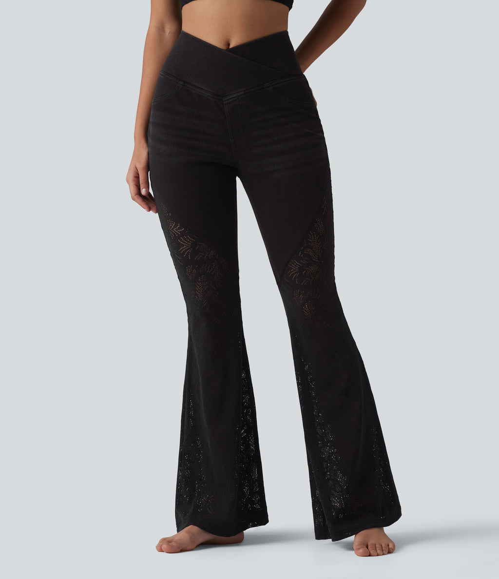 High Waisted Tummy Control Crossover Contrast Lace Flare Casual Jeans with Pockets — Phantom Denim — view 3