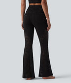 High Waisted Tummy Control Crossover Contrast Lace Flare Casual Jeans with Pockets — Phantom Denim — view 2