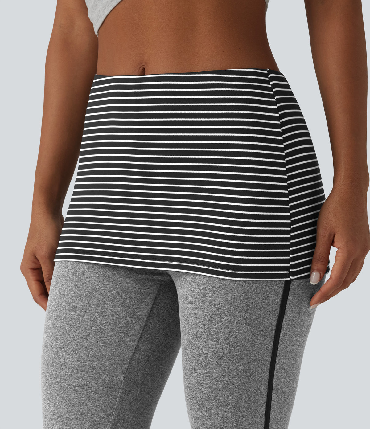 Foldover Mid Rise Stripe Flare Casual Trousers — Mottled Light Grey — view 4