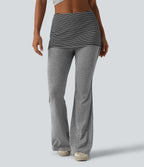 Foldover Mid Rise Stripe Flare Casual Trousers — Mottled Light Grey — view 3
