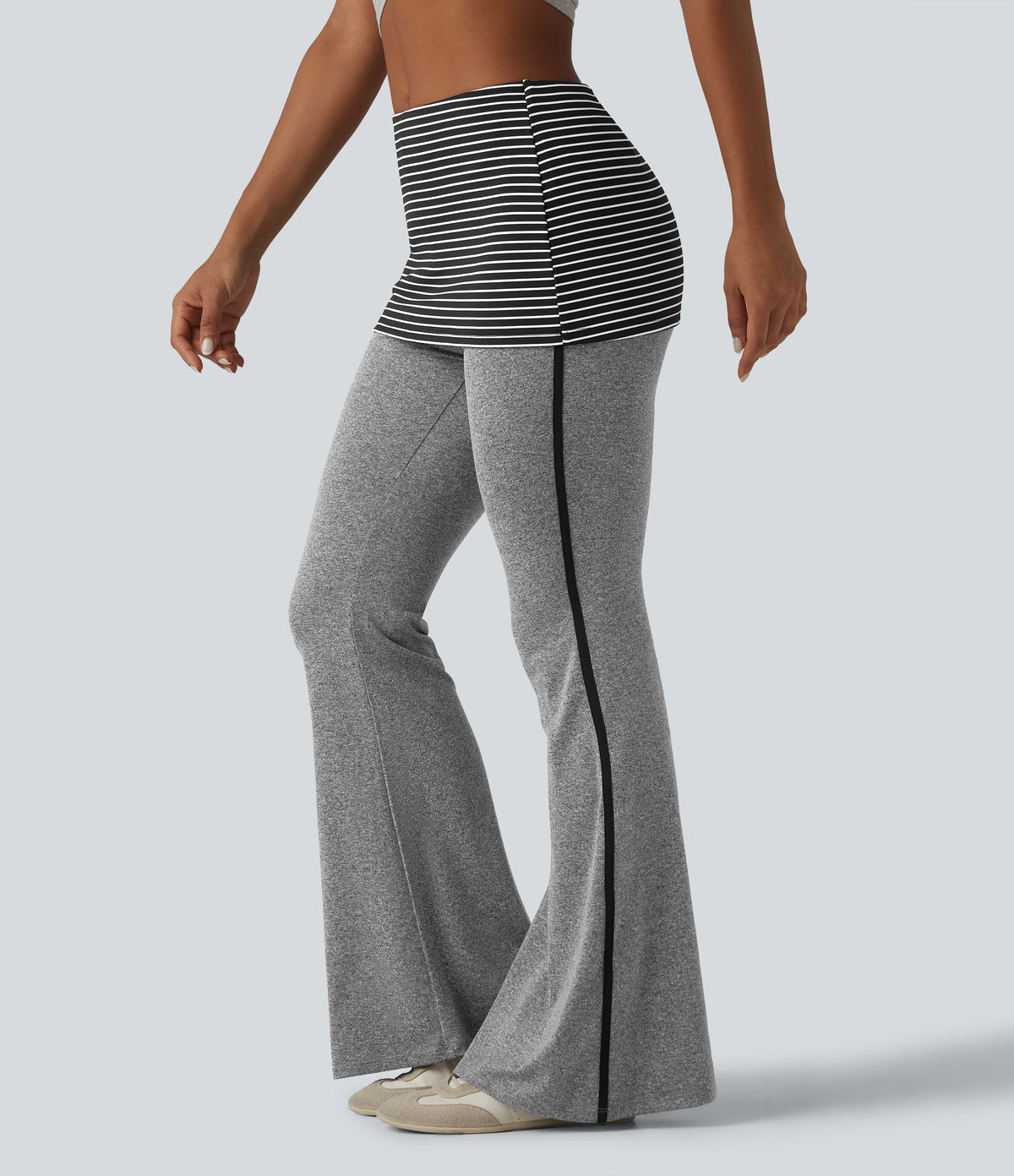 Foldover Mid Rise Stripe Flare Casual Trousers — Mottled Light Grey — view 1