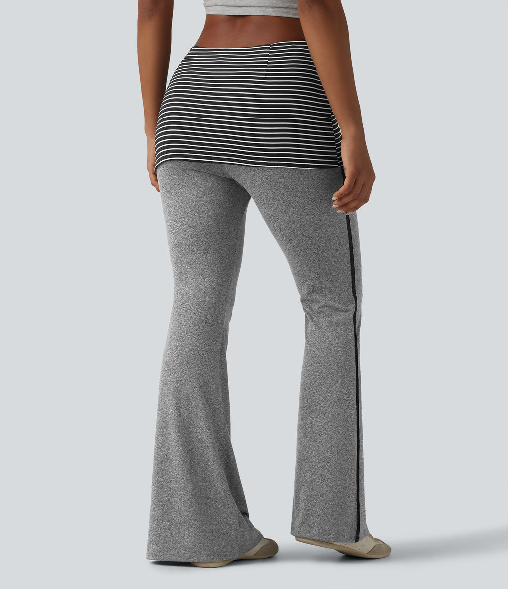 Foldover Mid Rise Stripe Flare Casual Trousers — Mottled Light Grey — view 2