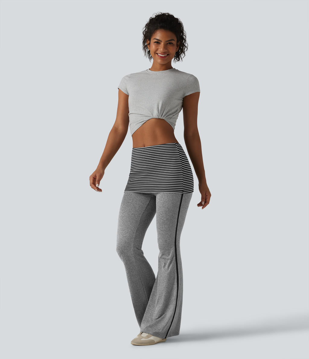 Foldover Mid Rise Stripe Flare Casual Trousers — Mottled Light Grey — view 6
